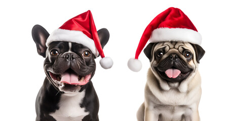 Pug and French Bulldog with Santa Claus Hats: A Christmas Dog Compilation on transparent background, png - Generative AI