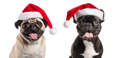Holiday Hounds: Pug and French Bulldog Wearing Santa Claus Hats on transparent background, png - Generative AI
