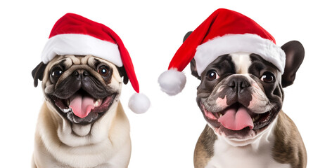 Festive Canine Set: Pug and French Bulldog Donning Santa Claus Hats on transparent background, png - Generative AI