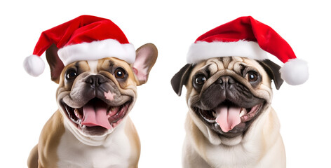 Christmas Dog Collection: Pug and French Bulldog with Santa Claus Hat on transparent background, png - Generative AI