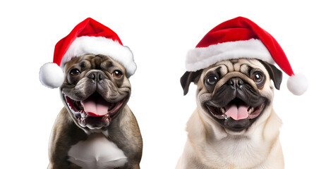Santa Claus Hat Wearing Pug and French Bulldog: A Set of Christmas Dogs on transparent background, png - Generative AI
