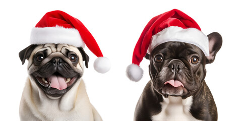 Santa Claus Hat Adorned Pug and French Bulldog: Christmas Dog Collection on transparent background, png - Generative AI