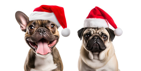 Set of Christmas Dogs: Pug and French Bulldog in Santa Claus Hat on transparent background, png - Generative AI