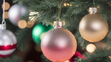 christmas balls tree decoration, bokeh circles from reflecting light on a glass ground