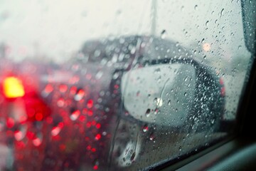  Rain Drops Falling down on background view, High quality photo of Rain on Window Sky Drops, Close up Slow Rain, Rainy day, Heavy Rainfall. Raining in car mirrors on traffic.