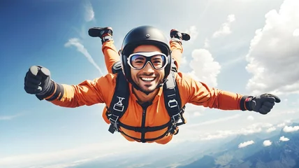 Tuinposter Portrait of man skydiving, jumping out of plane, adventure adrenaline concept background, banner, template  © Karlo