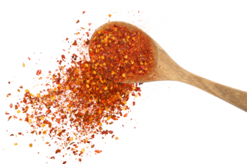 Spicy chili red pepper flakes, chopped, milled dry paprika pile in wooden spoon isolated on white, top view