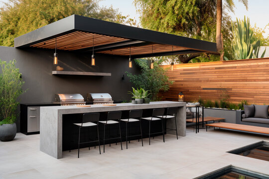outdoor patio entertainment area with a built - in barbecue and a bar setup