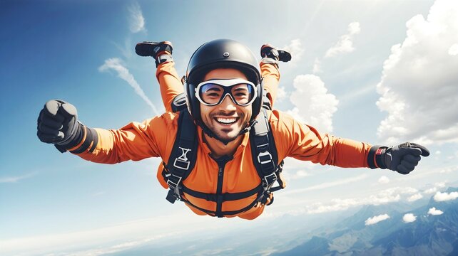 Portrait of man skydiving, jumping out of plane, adventure adrenaline concept background, banner, template 