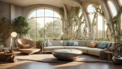 Fototapeta premium a living room filled with furniture and a large window