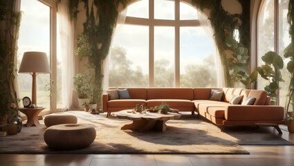 Fototapeta premium a living room filled with furniture and a large window