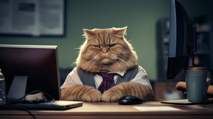 A Fat cat is sitting at the office table in front of a computer, upset and dissatisfied employee - obrazy, fototapety, plakaty