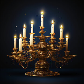 Happy hanukkah symbol background with burning candles in menorah on blue background, generative ai