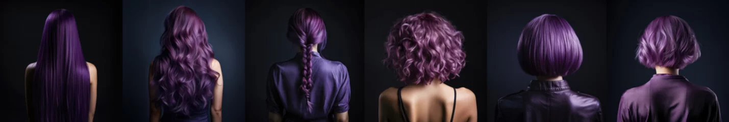 Fotobehang Various haircuts for woman with purple dyed hair - long straight, wavy, braided ponytail, small perm, bobcut and short hairs. View from behind on dark background. Generative AI © Lubo Ivanko