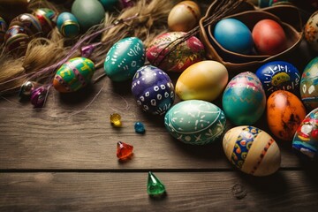 Fototapeta na wymiar Background with colorful Easter eggs and decorations. Generative AI
