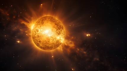 Bright Sun against dark starry sky in Solar System