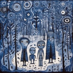 Naive painting of winter sensation with children