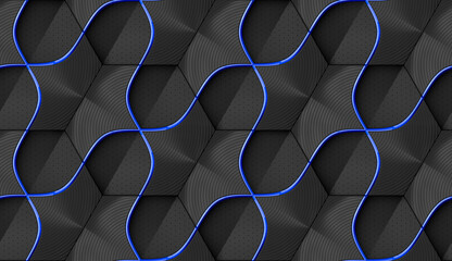 3D illustration of geometric seamless pattern of blue hexagons