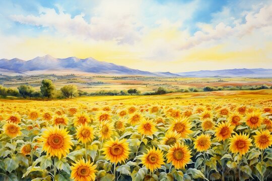 A beautiful watercolor painting depicting a vibrant landscape of sunflower fields. Generative AI