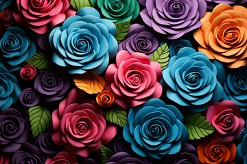 A 3D floral wallpaper with multicolored roses. Generative AI