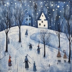 Winter in a small blue village with snow