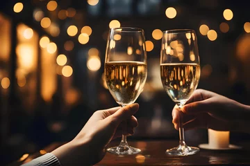 Poster Close up photo of hand hold a glass of champagne, Copy space advertising mock up, Valentine's Day, Close up of people toasting, Christmas  © ins.dsign