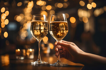 Close up photo of hand hold a glass of champagne, Copy space advertising mock up, Valentine's Day, Close up of people toasting, Christmas 