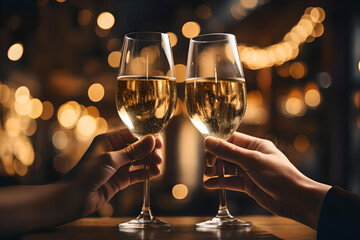 Close up photo of hand hold a glass of champagne, Copy space advertising mock up, Valentine's Day, Close up of people toasting, Christmas  - obrazy, fototapety, plakaty