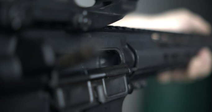 Assault Rifle Firing in 800fps Super Slow-Motion, Detailed Close-Up of Bullet Flight and Chamber