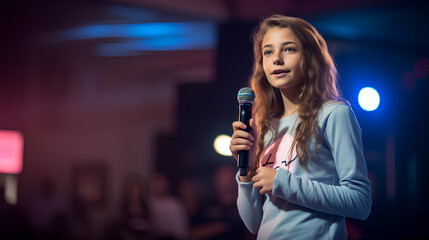 Young woman engaged in a heartfelt, first-time public speaking event, a candid coming of age moment filled with genuine emotion, graduation, event,