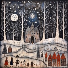 Winter in a small blue village with snow