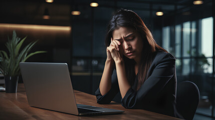 Woman Suffering From Depression Sitting On Office. Tired, Overworked businesswoman financier while working on laptop computer in an office. - obrazy, fototapety, plakaty