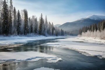 Scenic winter view of icy river, snowy mountains, and wooded area. Generative AI
