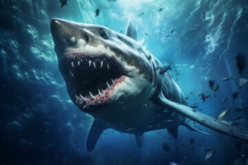 Fototapeta premium Shark in the sea. Sea monsters, gigantic prehistoric sharks on the attack.