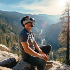Naklejka premium Man sitting on a rock in a beautiful nature park wearing VR glasses. 