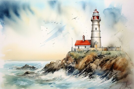 A seaside watercolour sketch of a lighthouse and seascape. Generative AI