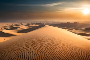 Fototapeta na wymiar Desert Landscape with Scorching Sun,,,,,,,,,,, Hot Yellow Sand Dunes under a Blue Sky