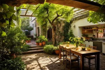Fotobehang Bright Tuscan courtyard with minimal modern kitchen. Generative AI © Adair