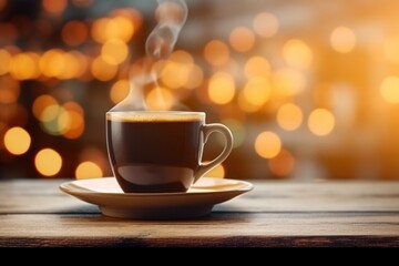 Obraz premium Cup of fresh black coffee on table top. Blurred garland in nightlife as background. City lights. Christmas holiday