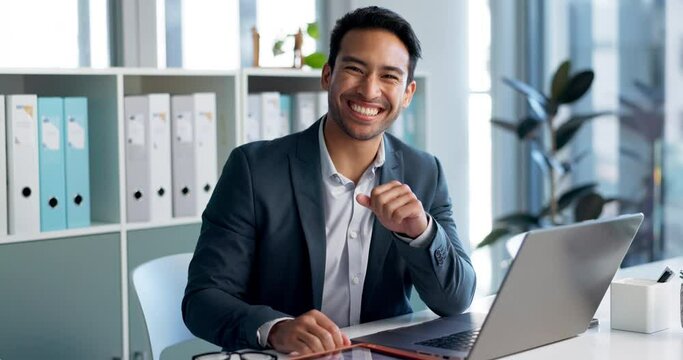 Smile, office laptop and business man, bank agent or admin employee with career, job experience or pride. Laughing, administration and face of professional asian person working on online research