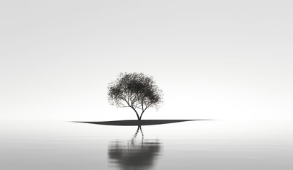 Black and white abstract background with an isolated tree and its shadow. AI generated