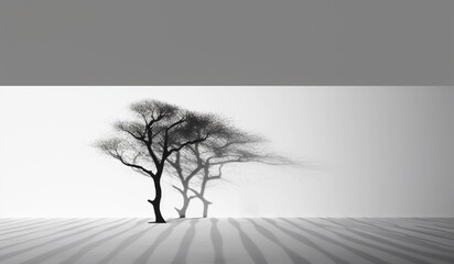 Black and white abstract background with an isolated tree and its shadow. AI generated