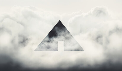 Black and white abstract background with clouds and a pyramid in the fog. AI generated