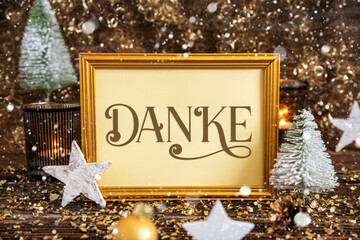 Frame With Danke, Means Thanks, Gold, Glittering Winter Decor