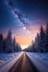 Road leading towards colorful sunrise between snow covered trees with epic milky way on the sky  - obrazy, fototapety, plakaty