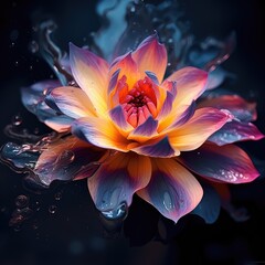 Beautiful magic fantasy flower on dark background. Blooming lotus. Red yellow violet flower with drops of dew on petals. Fairytale illustrations, books, scrapbooking, background, design element.