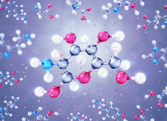 A Molecule of Glucosamine. A 3D model of an amino sugar which is represented in form of a schematic molecular structure freely levitating among of other organic substances. 3D rendering graphics.