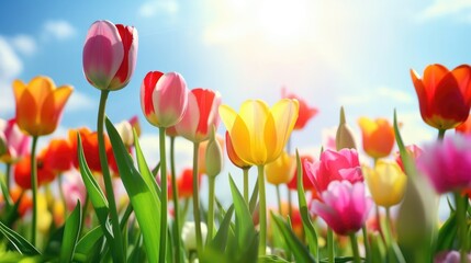 Beautiful Tulips in green sunny field 