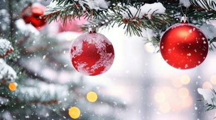 Obraz premium christmas and new year holidays concept Red balls on fir branches winter snowy backdrop