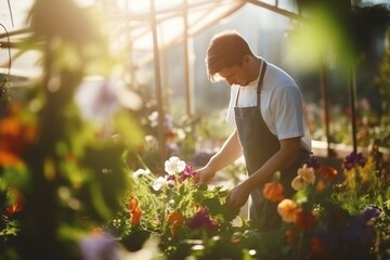 Chef restaurant in kitchen garden picking edible flower nasturtium for decorated special dish. 